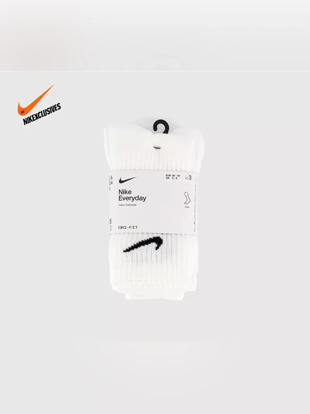 Nike dri-fit everyday cushioned crew socks white with black swoosh cotton 3-pack